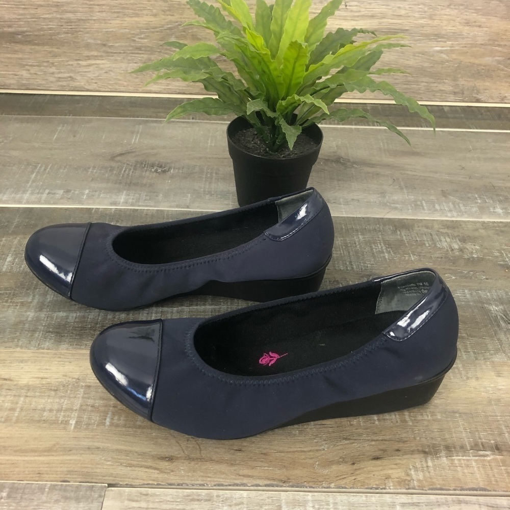 Ros Hommerson Elizabeth Blue Patent Toes Stretch Fabric Wedge Slide Shoe Size 7 - Picture 3 of 12